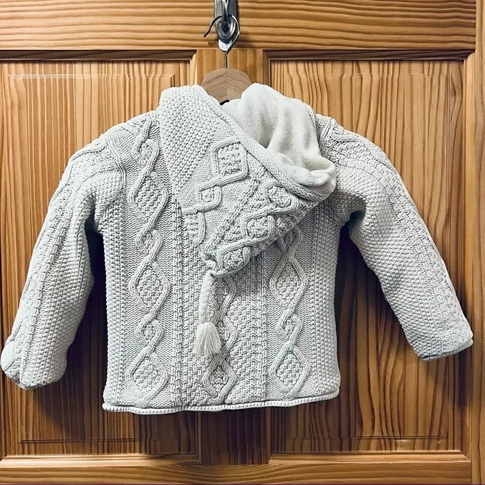 Baby Gap cream white cable knit full zip fleece lined hood sweater jacket coat 4